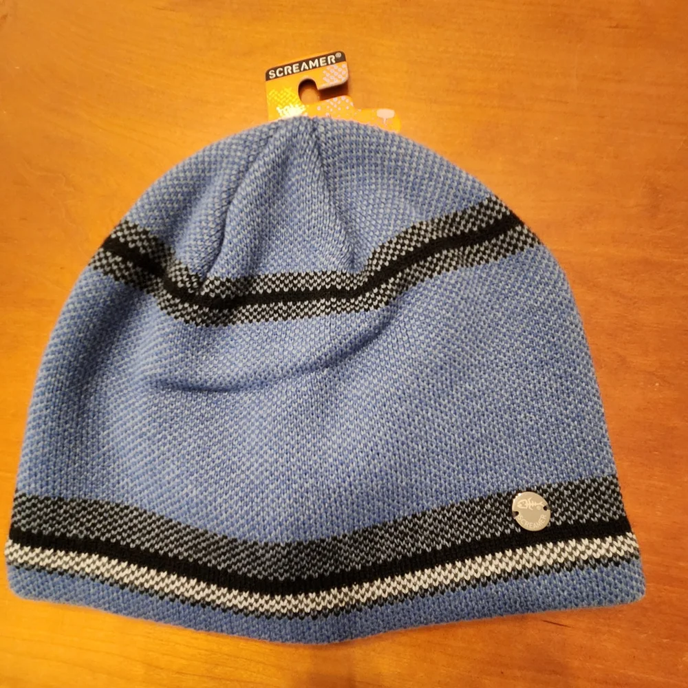 Screamer Blue Knit Acrylic Beanie Hat Striped Lined Ski Snowboard Winter Hat NEW